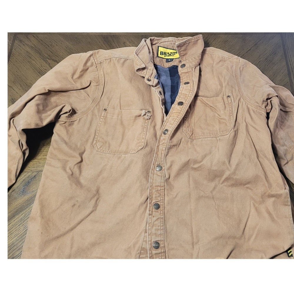 Well worn distressed Brazos Work Force Mens XL Tan Brown Flannel Jacket Workwear